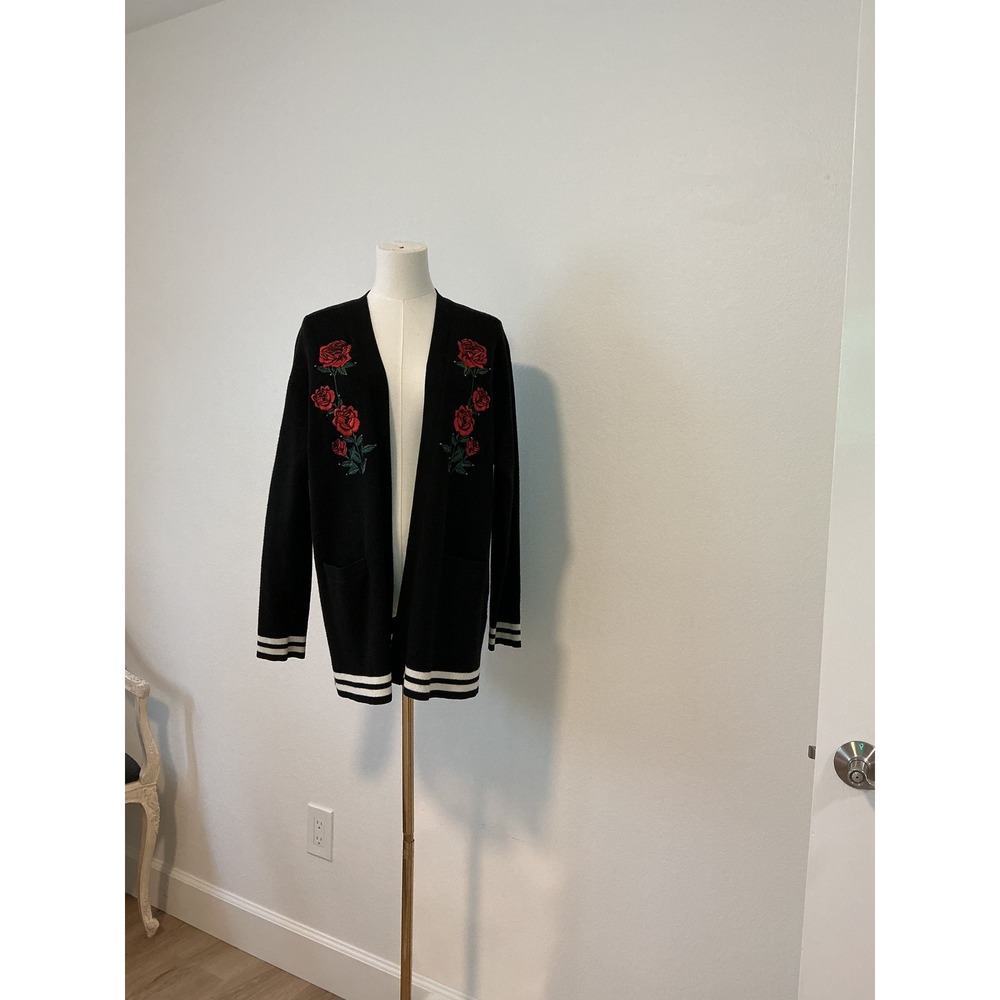 Sandro Paris Black Rose Embroidered Varsity Stripe‎ Open Front Cardigan Sweater